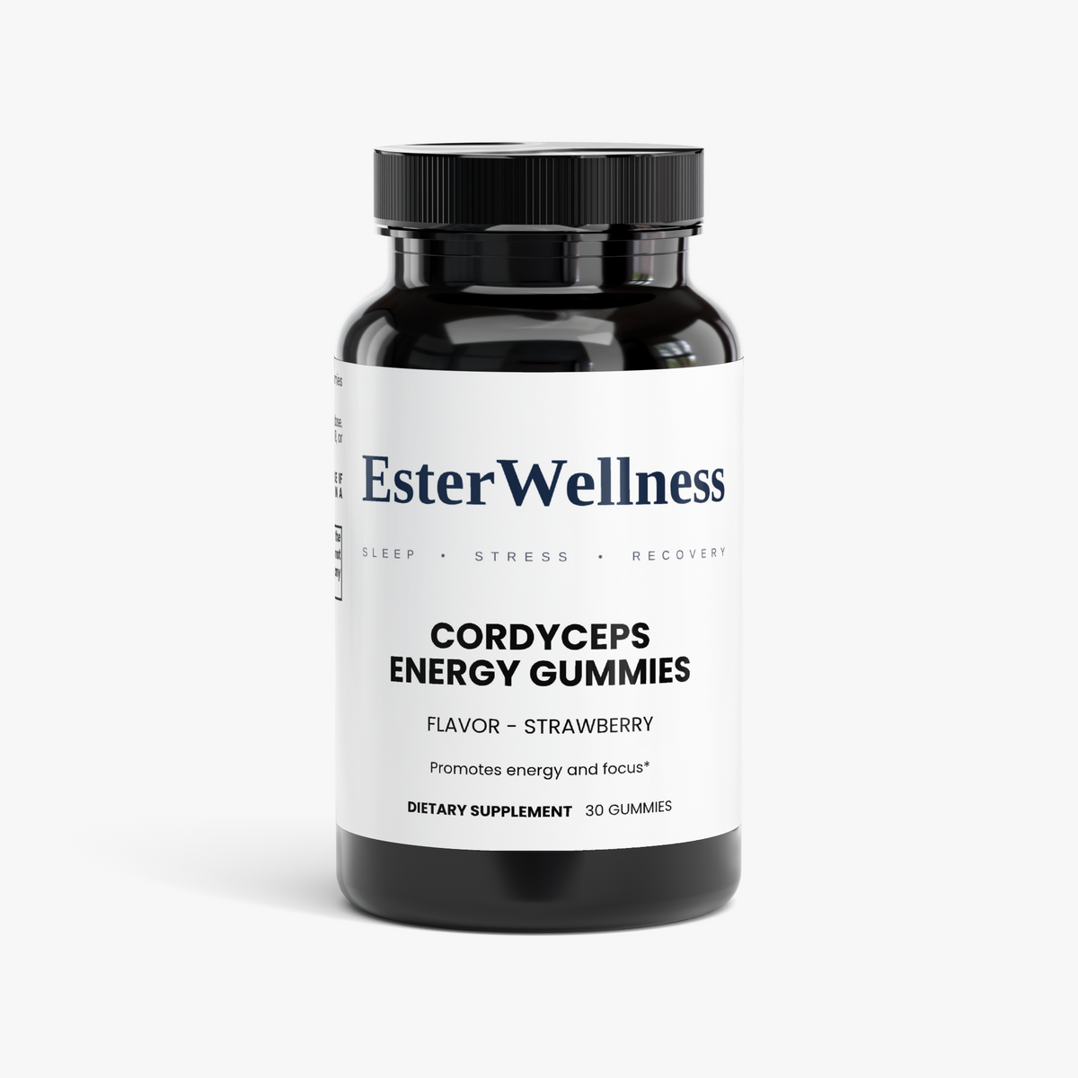 Ester Wellness Cordyceps Energy Gummies jar, strawberry flavor caffeine-free energy gummies