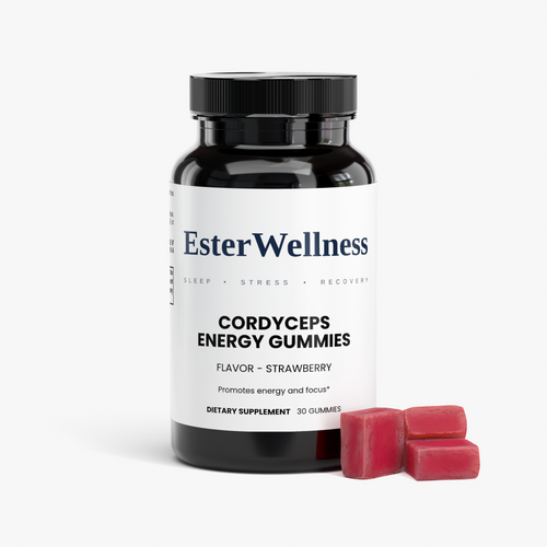 Cordyceps Energy Gummies jar with red strawberry cordyceps mushroom gummies