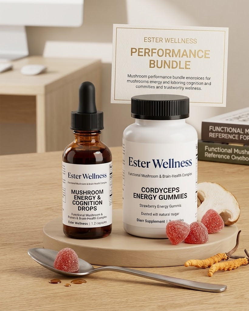 Daylight Reset Bundle: Mushroom Energy and Cognition Drops with Cordyceps Energy Gummies on a kitchen table