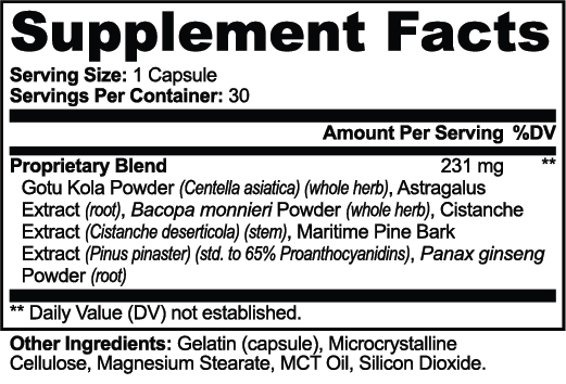 Gotu Kola & Bacopa Clarity Complex certification badges: non-GMO, gluten-free, vegan