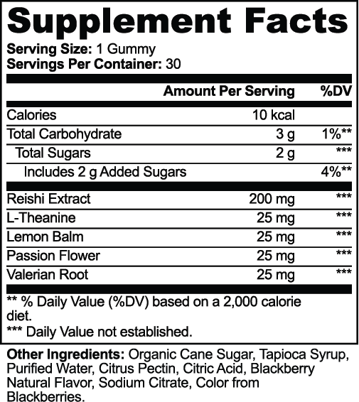 Reishi Relax Gummies certification badges: non-GMO, gluten-free, vegan